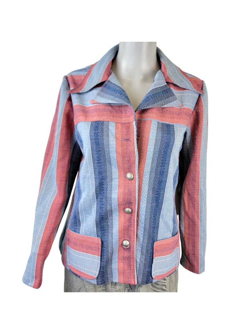 Vintage 70s Stripe Shirt Jacket Women Medium Pink Blue Collar Button Lightweight - Picture 1 of 16